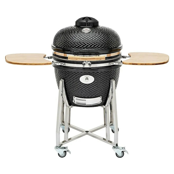 Flame-Rock -Holzkohlegrill-Kamado-24-ProDurchmesser-Grillfläche_-52-cm,-Schwarz---Ein-detailreiches-Bild-eines-schwarzen-Keramikgrills-mit-Seitentischen-und-einem