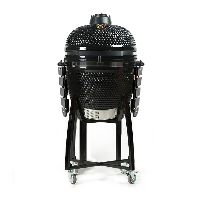 Parrilla-Kamado-de-cerámica-de-gran-tamaño,-totalmente-negra-con-soporte-fábrica-china